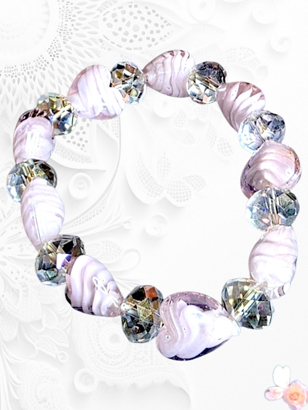 Pink Glass Heart Bead Bracelet Crystal Stretch Romantic Statement 6.5–7”